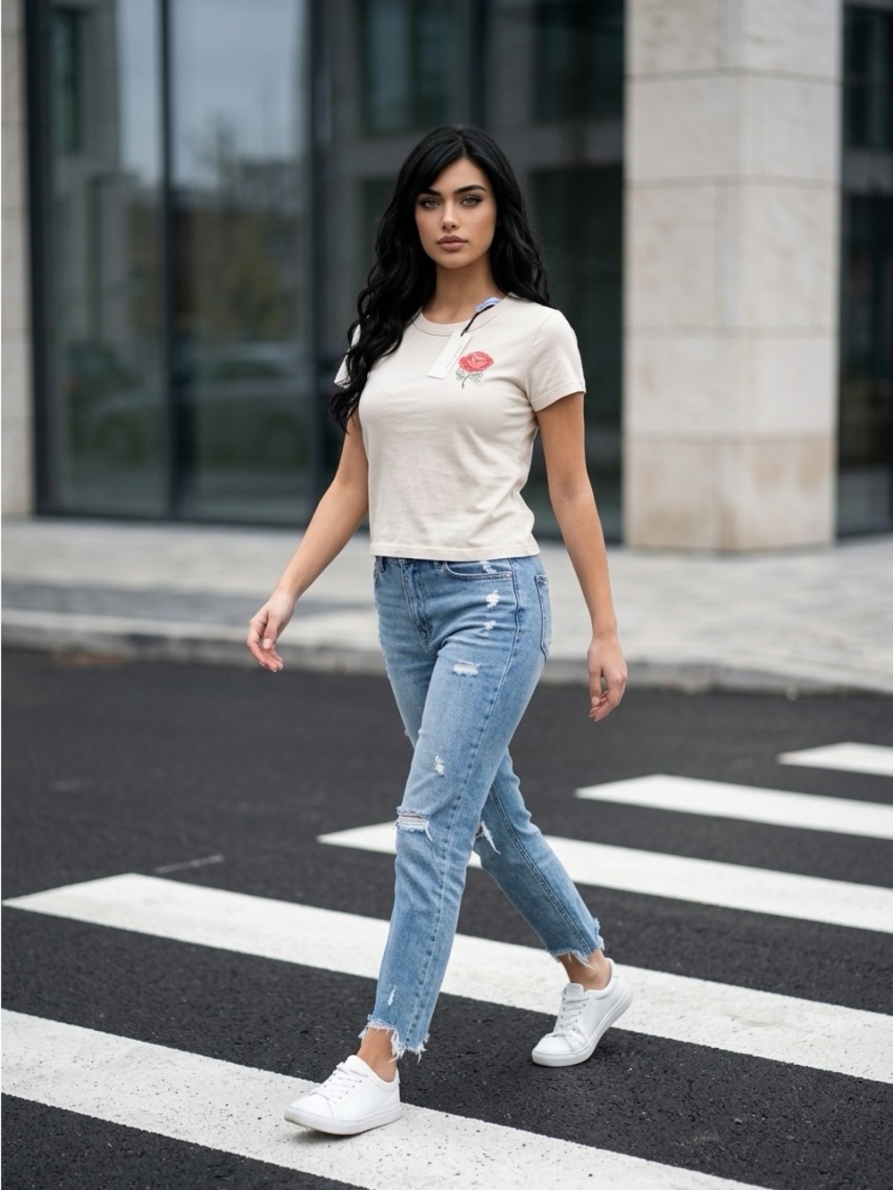 Daydreamer Cream Short Sleeve Tee with Red Rose Chest Print